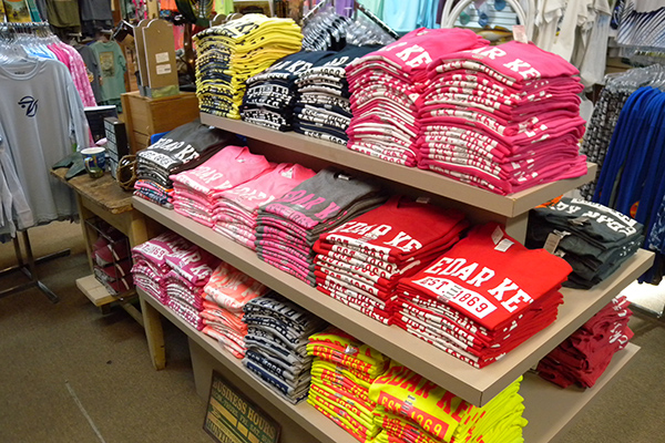 Cedar Key t-shirts in a display