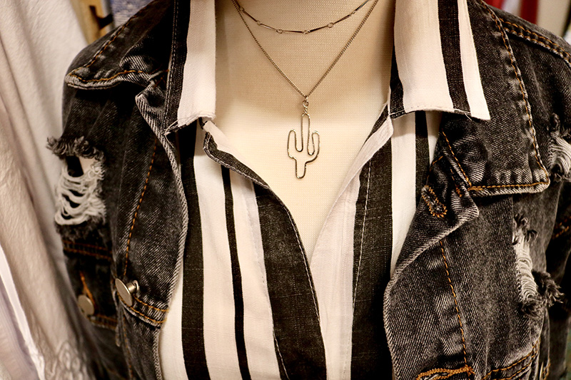 jean jacket and cactus necklace